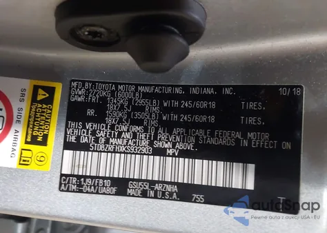 2019 Toyota Highlander Le из США, поврежденный, VIN 5TDBZRFHXKS932903